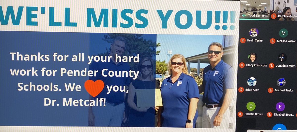 DrBMetcalf's tweet photo. Honored to close out my last PCS Administrative Retreat today surrounded by so many fantastic colleagues (virtually). I’m grateful for the years of professional growth and “can do” #penderstrong spirit. I will always be #PenderProud. https://t.co/An8XKnD3XR