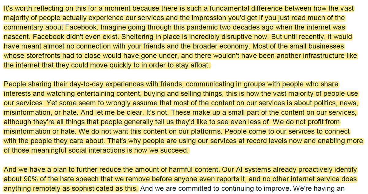 2/ Zuck is reminding what  $FB is and what it is not: "We do not profit from misinformation or hate"~90% of the hate speech gets removed even before someone reports it. Unfortunately, even ~90% hit rate may lead to terrible optics and actual consequences given volume of content.