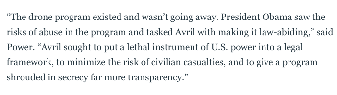 For example, here's what Samantha Power says about Haines' role in drafting the Presidential Policy Guidance (PPG) in this piece.  https://www.thedailybeast.com/the-proxy-war-over-joe-biden-adviser-avril-haines