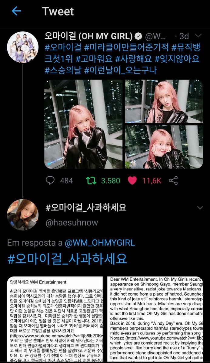 Besides that the station's post, the official account of the members of Oh my girl liked the email template that the miracles made demanding an apology from Seungh*e, but it didn't take long for the liked disappear