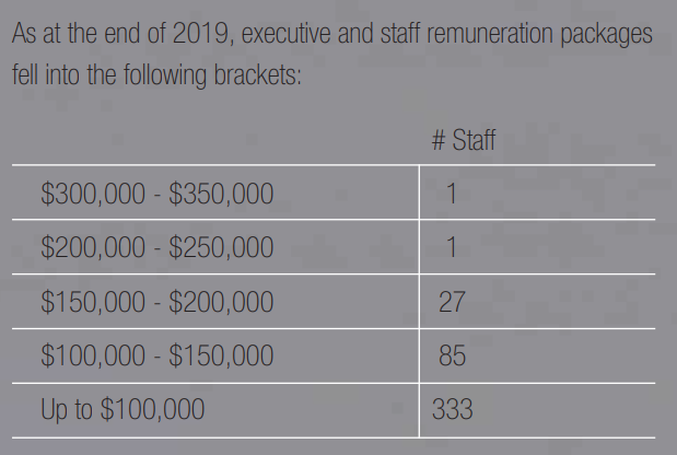 In the 2019 statement of financial position it says that they spent $53,387,716 on suppliers & employees. Comprising 1 staff member on $300,000 - $350,000, 1 staff on $200,000 - $250,000, 27 - $150,000 - $200,000, 85 staff $100,000 - $150,000, and 333 staff get ‘Up to $100,000.’