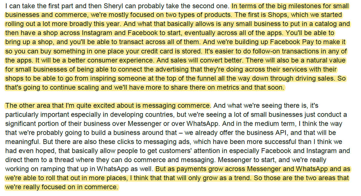 8/ Zuck is excited about Shops, and messaging commerce. Shops just makes a ton of sense.