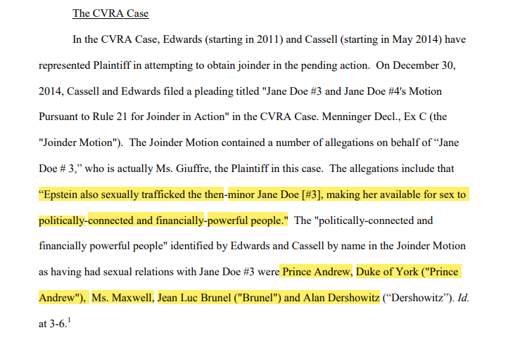 The Ghislaine Maxwell (Epstein) documents have been unsealed.Will be posting excerpts here - Starting with allegations of minor being trafficked to Maxwell, Prince Andrew, and Alan Dershowitz (as prev. alleged).Thread.