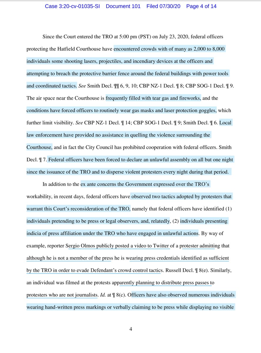 here the Govt seeks to portray the Plaintiffs (credentialed Media/Press & Legal Observers) as agitators & working in concert to attack Fed LEO“Sergio Olmos publicly posted a video to Twitter.. individual was filmed at the protests apparently planning to distribute press passes“