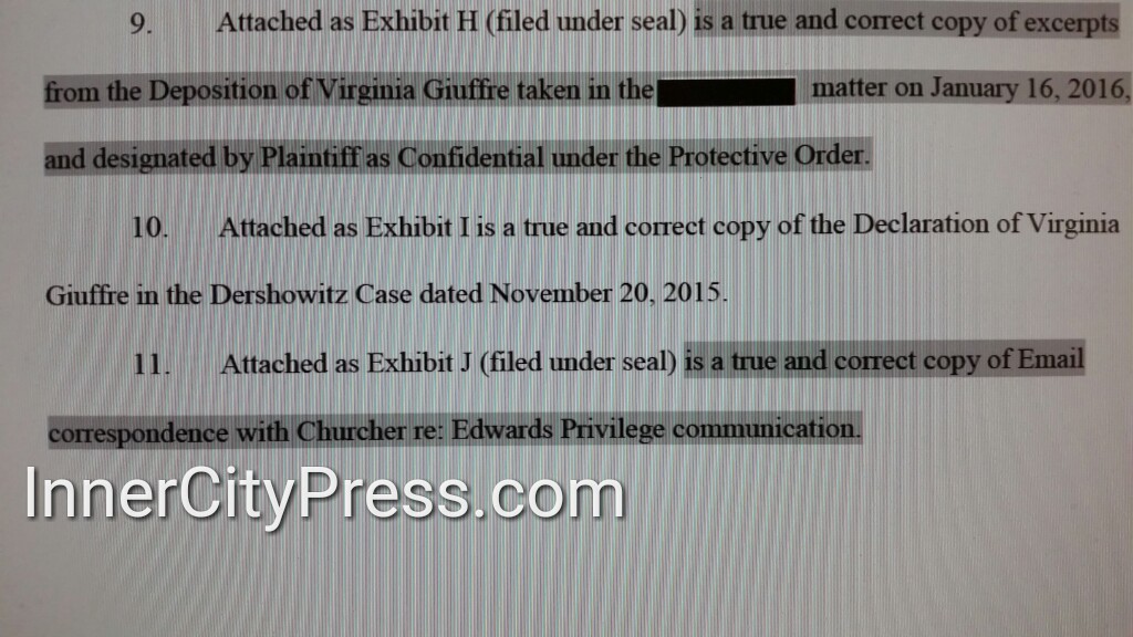 ..."Deposition of Virginia Giuffre taken in the [STILL REDACTED] matter on January 16, 2016, and designated by Plaintiff as Confidential under the Protective Order... correspondence with Churcher re: Edwards Privilege communication."