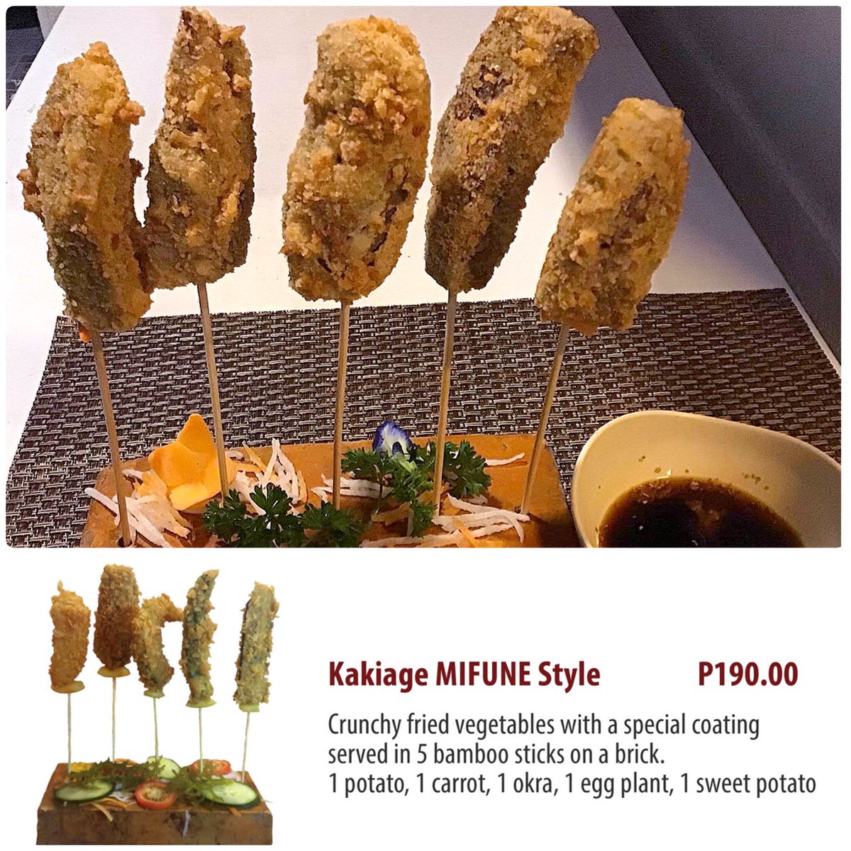 MIFUNEdumaguete's tweet photo. #Kakiage #MIFUNE Style — P190
Crunchy fried vegetables w a special coating served in 5 bamboo sticks on a brick. 1 potato, 1 carrot, 1 okra, 1 egg plant, 1 sweet potato
—
#MIFUNE #JapaneseRestaurant #Dumaguete
#GoingJapanese - #DineIn #TakeOut #Delivery
#GoingOutIsFun - #dgte https://t.co/8abvvjIOfU