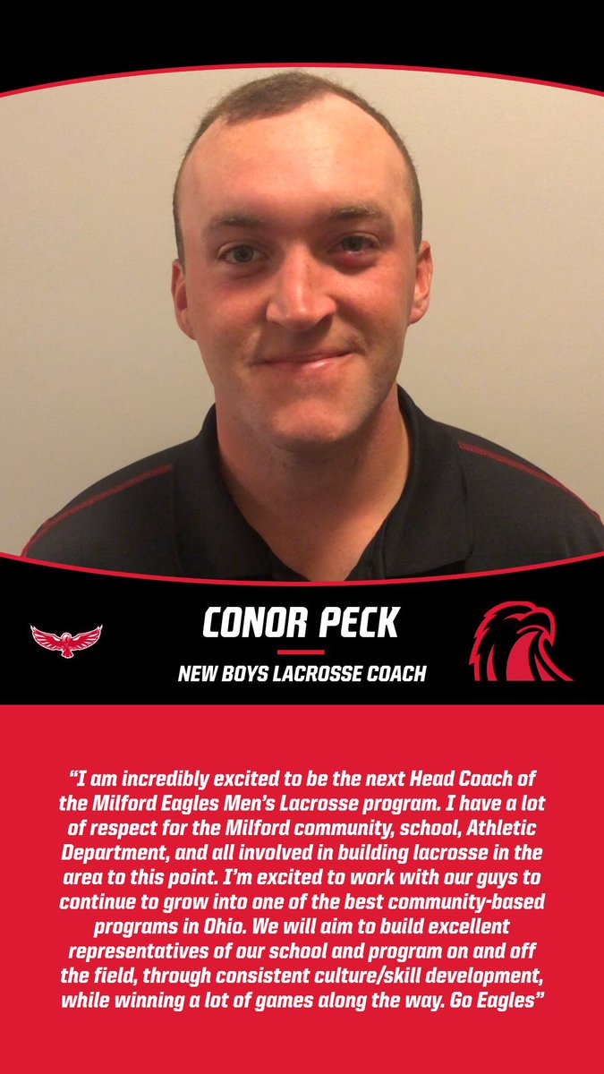 Milford Athletics (@milford_eagles) on Twitter photo We are ecstatic to announce our next leader of our MHS boys lacrosse, Mr. Conor Peck!! Please help us welcome Coach Peck to our Eagle family!
Press Release: milfordathletics.org/news-and-annouβ¦
#AllForTheM <a href="/Milford_Schools/">Milford Schools</a> <a href="/ClerSunSports/">Clermont Sun Sports</a> <a href="/MikeDyer/">Mike Dyer</a> <a href="/ENQSports/">Enquirer Sports</a> <a href="/sspringersports/">Scott Springer</a> <a href="/mlaughman/">Melanie Laughman</a> We are ecstatic to announce our next leader of our MHS boys lacrosse, Mr. Conor Peck!! Please help us welcome Coach Peck to our Eagle family!
Press Release: milfordathletics.org/news-and-annouβ¦
#AllForTheM <a href="/Milford_Schools/">Milford Schools</a> <a href="/ClerSunSports/">Clermont Sun Sports</a> <a href="/MikeDyer/">Mike Dyer</a> <a href="/ENQSports/">Enquirer Sports</a> <a href="/sspringersports/">Scott Springer</a> <a href="/mlaughman/">Melanie Laughman</a>