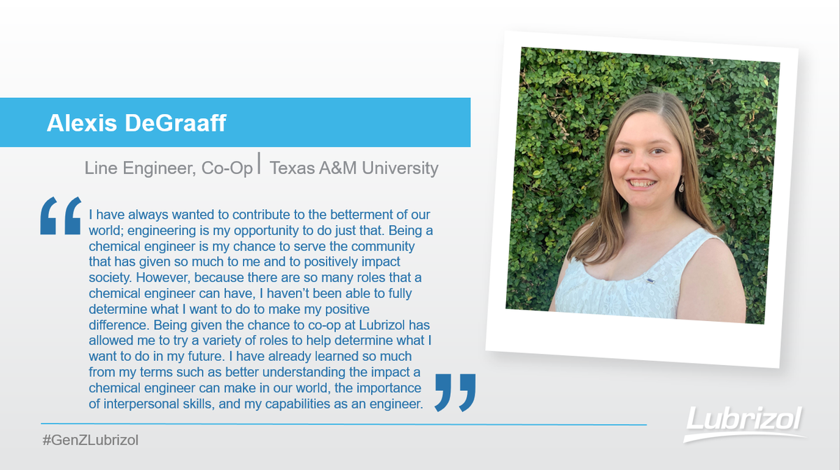 LubrizolCorp's tweet photo. Meet Alexis our #LineEngineer Co-Op who attends @TAMU. She has been always interested in #ChemicalEngineering but her experiences @LubrizolCorp helped her to determine how she would like to apply that interest.  #NationalInternDay #GenZLubrizol https://t.co/aT7FV7JVj0