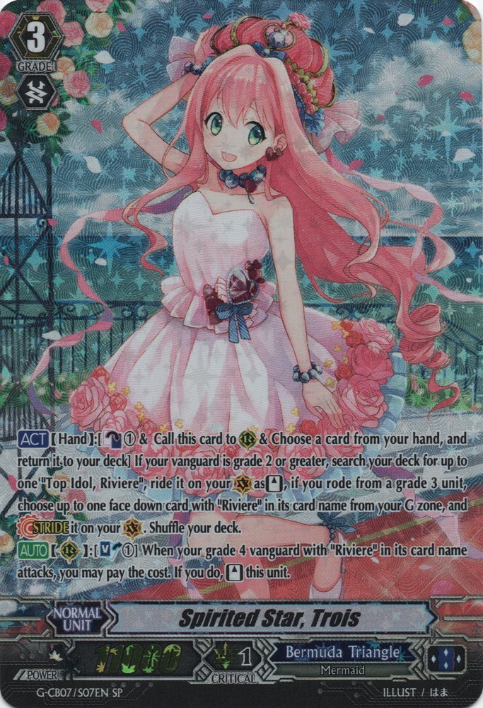 @bratzpuppy You remind me of Bermuda Triangle! Cute mermaid idols that can draw a lot of cards, and share their effects to give a lot of power to their units for a strong offensive turn :D

Your card is Spirited Star, Trois! Best pink girl~