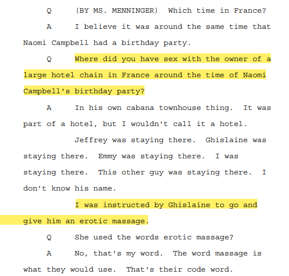 The trafficking scheme was international in scope - in France, Ghislaine Maxwell ordered her give an "erotic massage" to a French hotel magnate. Deposition of the victim:"I was ordered by Ghislaine (Maxwell) to go and give him an erotic massage."