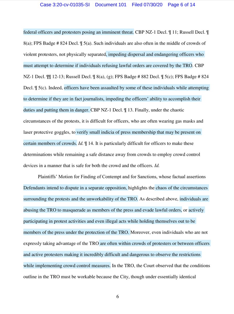 I am gobsmacked by  @TheJusticeDept  @DHSgov motion for reconsiderationPurposefully conflating protestors & the PressFed take ZERO responsibility “Other individuals purporting to be press or legal observers have been engaged directly in illegal activity“ https://ecf.ord.uscourts.gov/doc1/15107622629?caseid=153126