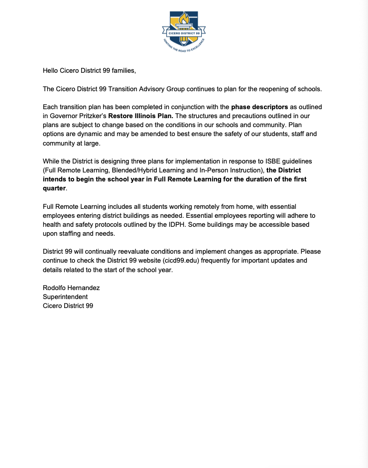 D99Cicero's tweet photo. 🚨 @D99Cicero INTENDS TO BEGIN THE 2020-2021 SCHOOL YEAR IN FULL REMOTE LEARNING FOR THE DURATION OF THE FIRST QUARTER 🚨

To read more, please see the attached statement from Supt. @Rodolfo__Hdez 

#ignite99 #ilumina99 #KeepLearning https://t.co/djg2NWls3C