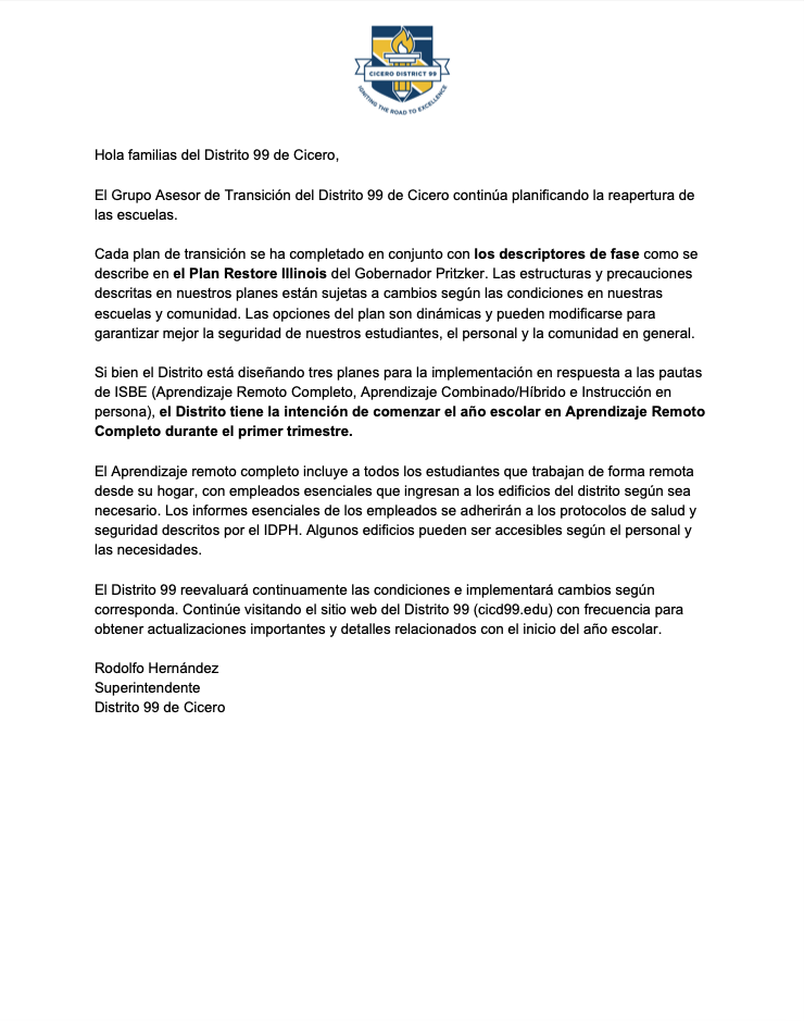 D99Cicero's tweet photo. 🚨 @D99Cicero INTENDS TO BEGIN THE 2020-2021 SCHOOL YEAR IN FULL REMOTE LEARNING FOR THE DURATION OF THE FIRST QUARTER 🚨

To read more, please see the attached statement from Supt. @Rodolfo__Hdez 

#ignite99 #ilumina99 #KeepLearning https://t.co/djg2NWls3C