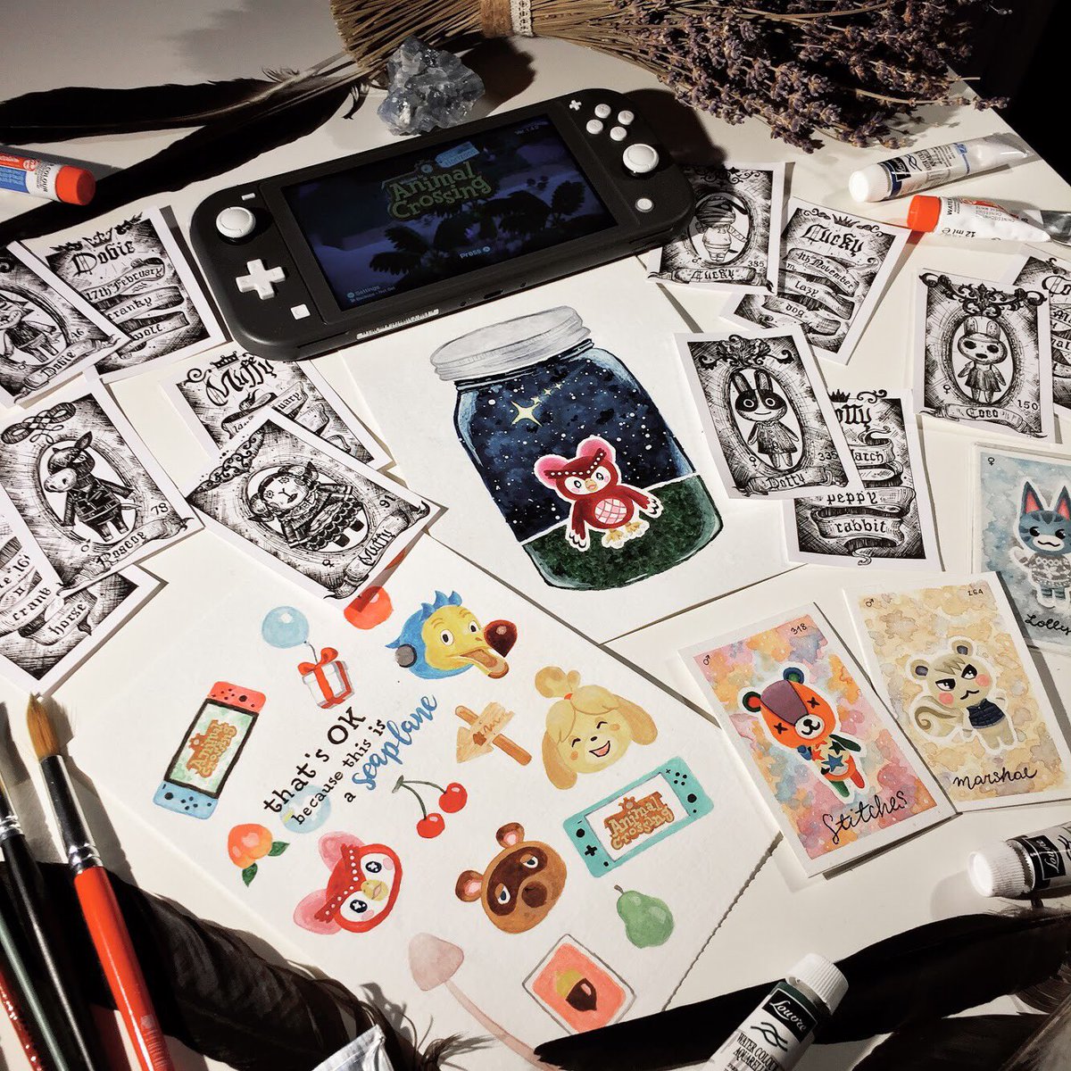 kklacrimosa's tweet photo. i present you the very first batch of artwork for our etsy store! the b&amp;w custom amiibo cards were created by my girlfriend, the watercolors are all mine✨ we’re still waiting for the sticker and the print versions to arrive, here are the originals 🖤 we’re making more every day! https://t.co/XGyLrIsmQ0