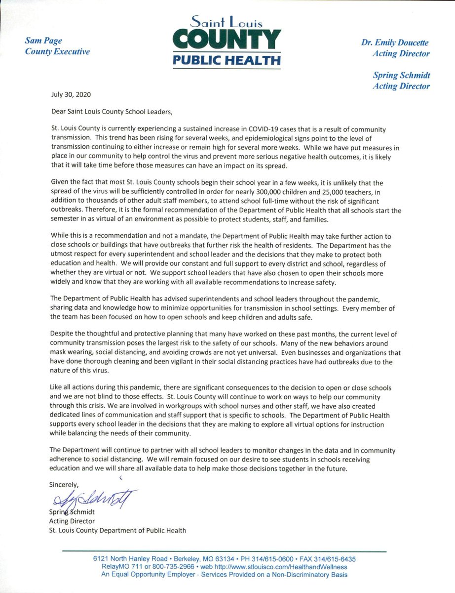 STLCounty's tweet photo. Attached is a copy of the letter County school districts received from @StLCountyDOH, advocating for a virtual start to the fall semester. https://t.co/UGpkPz7zcj