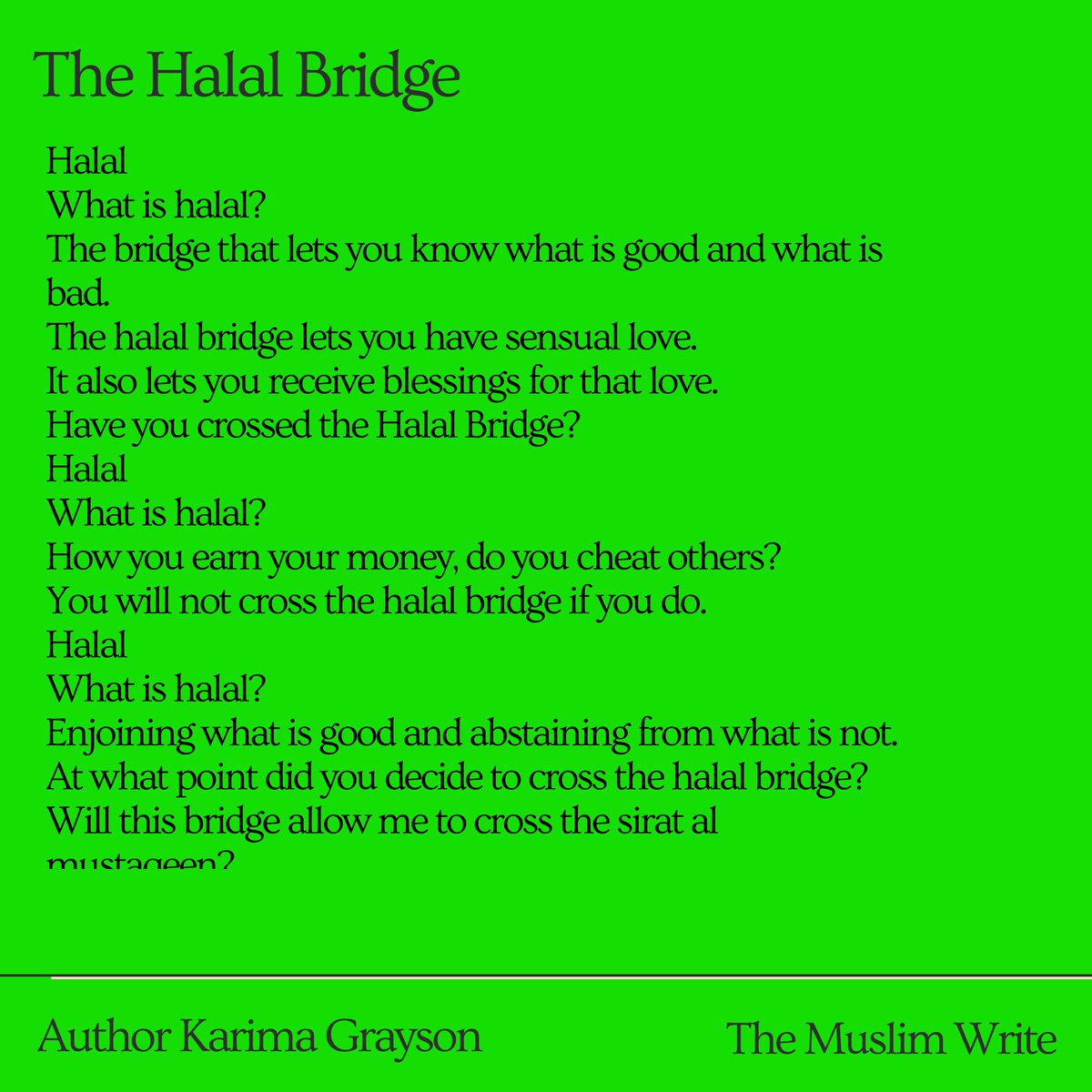theMuslimWrite's tweet photo. Due to lack of engagements, the sole entry by @AuthorKarimahG is our pick for this week.

The Muslim Write Challenge 
Prompt 1: The Halal Bridge

Watch out for tomorrow's prompt.
Eid Mubarak!

#Muslims #MuslimTwitter #Muslimfiction #TheMW #TheMuslimWrite #writingchallenge https://t.co/tkYyfR2DoQ