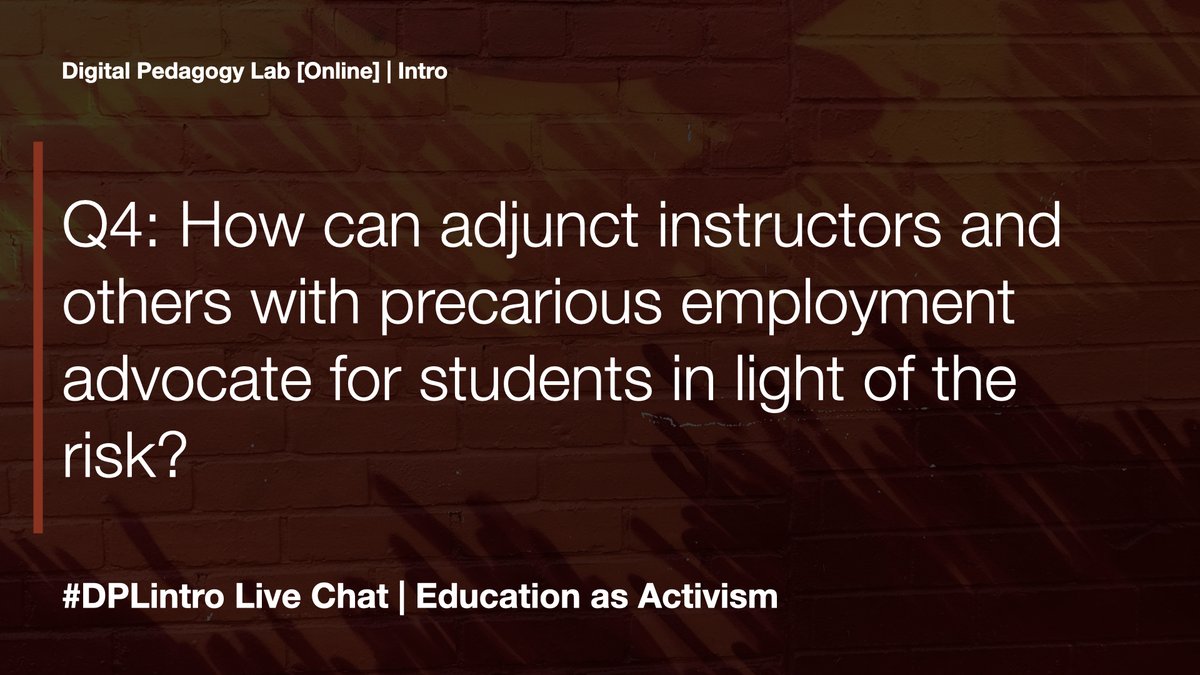 chris_friend's tweet photo. Speaking of teachers needing resources, here’s #DPLintro Q4: How can adjunct instructors and others with precarious employment advocate for students in light of the risk? #digped https://t.co/uKCpDMVIxP