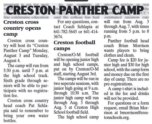 7&amp;8 Grade Panther Football Camp. August 3rd to 5th. $20. Bring your own water. 9-10:30. <a href="/bmorrison1975/">Brian Morrison</a> <a href="/CaseyJTanner/">Casey J Tanner</a> <a href="/senorshantzy/">Steve Shantz</a> <a href="/JonCThomson/">CrestonPantherFan</a> @TheGreatHamy18 <a href="/kcoop35/">Kevin Cooper</a>
