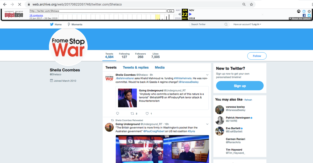 Here are a couple of past tweets from the suspended  @shelaco account from Archive[.]org. The first of course attacking the  #Whitehelmets in  #Syria using the common line of Russian propaganda that they are really a covert terrorist organization.