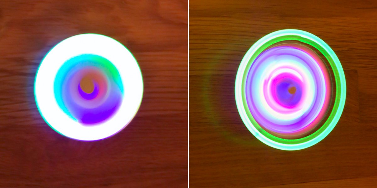 aguayo's tweet photo. @deannagelosi @TinkeringStudio Thank you for the idea of a #longexposure photo, @deannagelosi! ⏱️📷
I noticed when the LEDs were too close to each other, it all kind of blurred together (left), so I spaced them apart a bit and got this (right).
#LightUpOurDays #ExploringSpinning #TinkeringAtHome https://t.co/JBvXJuuThN