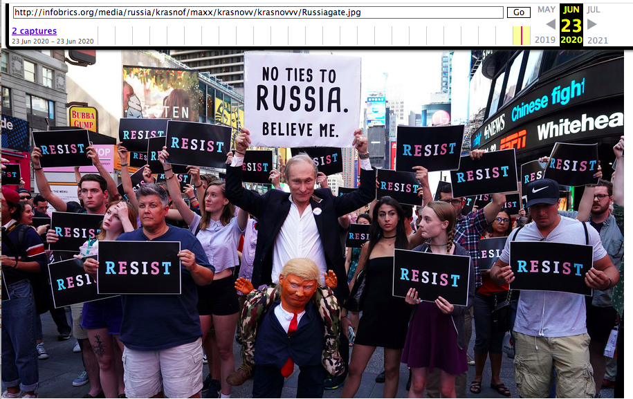 Its also interesting to note the images / memes these state-backed Russian propaganda websites use. Looking through Archives[.]org one can find some very unique images that aren't likely to have pentrated mainstream news sites. This  #Russiagate image was a prime example  #infoOps