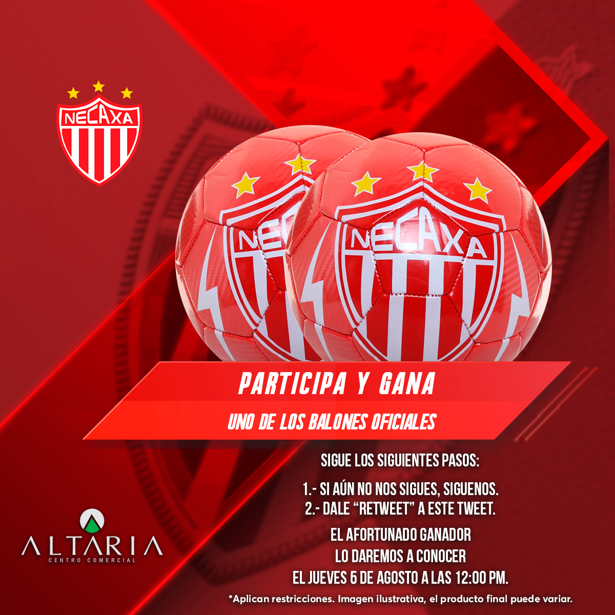 CCAltaria's tweet photo. SORTEO ⚡️⚡️

TENEMOS DOS BALONES DE @ClubNecaxa, PARTICIPA! ⚡️⚡️⚽️⚽️⚽️⚡️⚡️
Solo sigue los pasos y ya estás participando.

*Los ganadores serán elegidos al azar y a decisión es inapelable
*Aplican restricciones
*Entrega del premio únicamente en Aguascalientes. https://t.co/j4IKB5BhS9