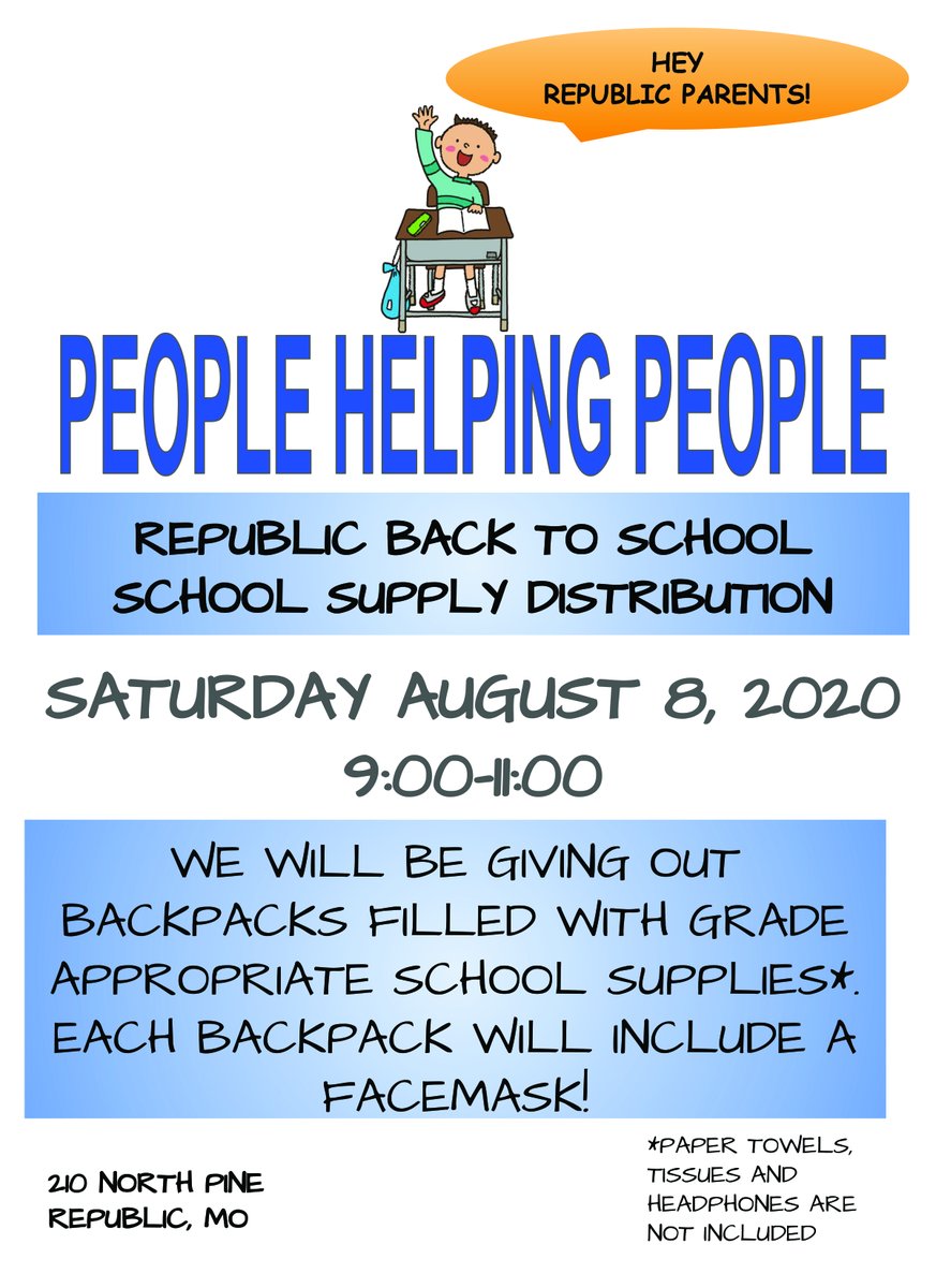 RepublicSchools's tweet photo. FREE SCHOOL SUPPLIES! Thank you to People Helping People and the Colston Foundation for offering free school supplies to our families. Details about each event can be found on the flyers provided. #repmoproud https://t.co/3zgtcPBoLF