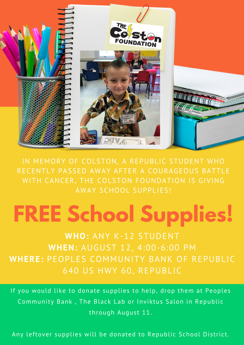 RepublicSchools's tweet photo. FREE SCHOOL SUPPLIES! Thank you to People Helping People and the Colston Foundation for offering free school supplies to our families. Details about each event can be found on the flyers provided. #repmoproud https://t.co/3zgtcPBoLF
