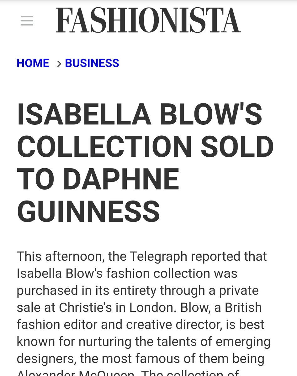 Isabella also killed herself, she took 20 times the fatal dose of the weedkiller Paraquat, a coroner ruled today. Daphne Guinness bought her wardrobe at Auction after her death. Then Lady Gaga bought Daphne's wardrobe at Auction   https://metro.co.uk/2007/12/05/isabella-blow-killed-herself-with-weedkiller-579567/?ito=cbshare