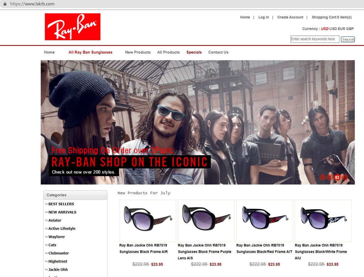 catnap707's tweet photo. 2020/07/30 11:00ごろ。美容院ブログで確認。
#fakestore #フェイクストア #RayBan 
@ray_ban

◆件名
Ray Ban Sunglasses Outlet Sale Online - Up To 70% Off

◆リンク
hxxps://www.lewrb[.]com/

◆IP
172.67.148[.]127☁
104.18.34[.]148
104.18.35[.]148 https://t.co/bxhJZ4ssZN