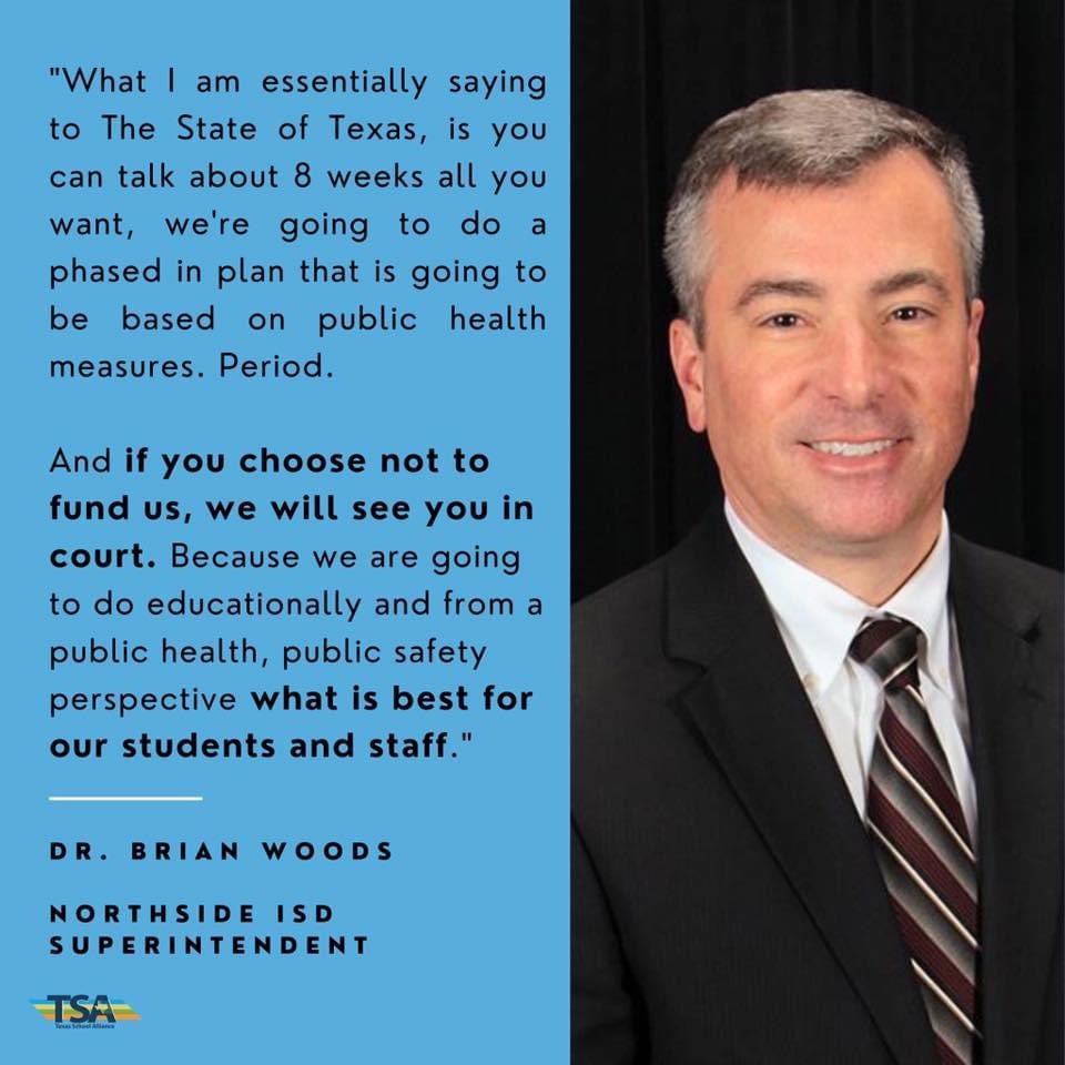 Alcortez6's tweet photo. “If you decide not to fund us,we will see you in court. Because we are going to do educationally and from a public health, public safety perspective what is best for our students and staff.”Dr. Brian Woods, Northside ISD. #PublicEd #TexasPublicEd #TEA #COVID19 #ReOpeningOfSchools https://t.co/mWA4s2lcFM