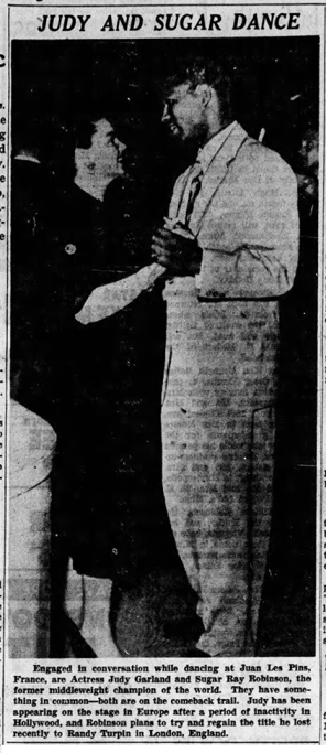 TheJudyRoom's tweet photo. July 30, 1951: While vacationing in France after her successful comeback at the London Palladium and subsequent tour of England and Scotland, Judy was seen out on the town dancing with boxer Sugar Ray Robinson.

#judygarland #sugarrayrobinson #sugarray #palladium #thejudyroom https://t.co/Vv9vq7VgFz