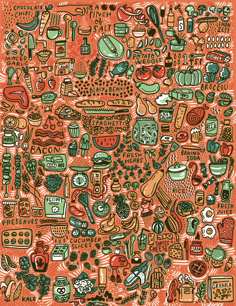 wearebrainstorm's tweet photo. All the ingredients, an illustration for Whole Foods wrapping paper we created last fall! #food #illustration #foodie #ingredients #kale #spaghetti #procreateart https://t.co/71pBcdwfqm