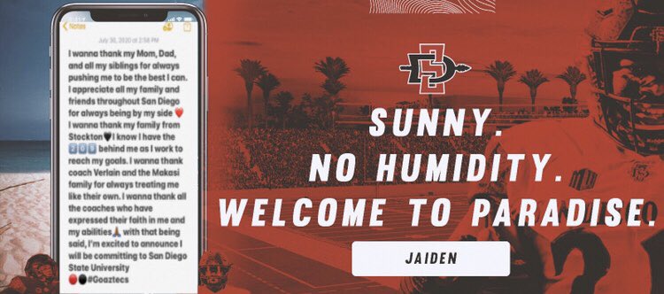 DBCoachJBrown's tweet photo. Thank you God for blessing me with the opportunity to further my academic and athletic career. Thank you @CoachVMAKASI for all of your mentoring and support in helping me get to this point. with that said, I’m excited to announce my commitment to be an Aztec ❤️🖤#hometownhero https://t.co/91lzWcd9Xp