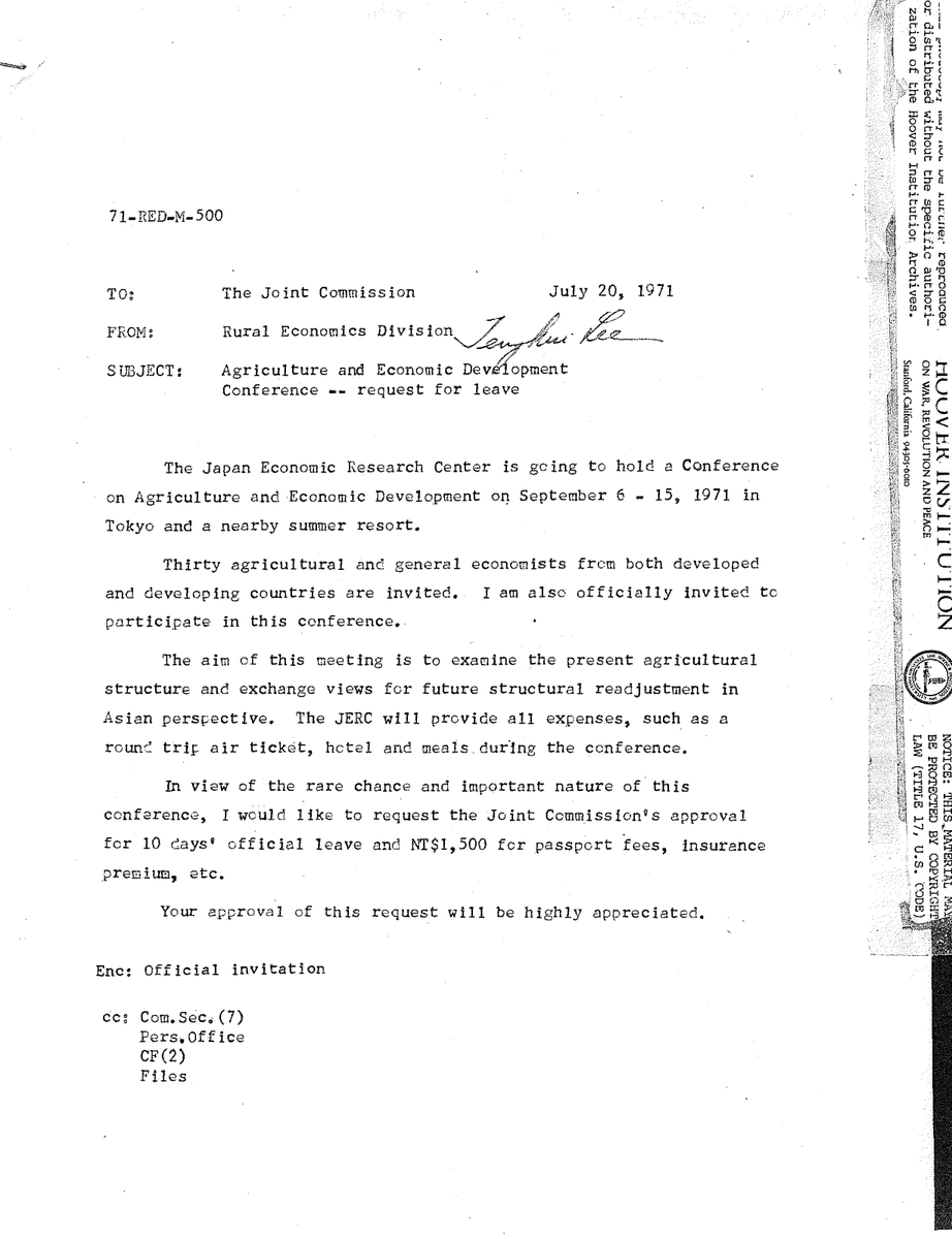 But Lee was not interested in leaving Taiwan, despite the popularity of his research globally, with invitations from the Japan Center for Economic Research (日本経済研究センター) and the U. of Washington, with potential support from the Agricultural Development Council. 9/n