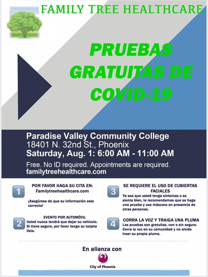 The City of Phoenix is sponsoring FREE COVID-19 testing at Paradise Valley Community College this Saturday, Aug. 1 from 6-11AM Provided by Family Tree Healthcare Clinic. No ID needed. Face masks & appointments required: familytreehealthcare.com/bookings-check…