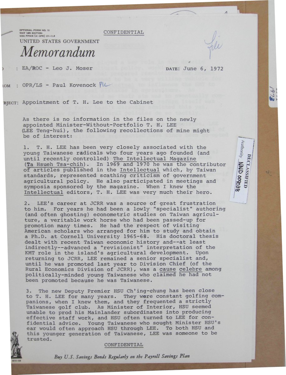After returning from the US, Lee transitioned his career to focus on the KMT bureaucracy. As a symbol of Taiwan's modernity, Lee's agricultural economic technical background was an asset. U.S. State Department officials noticed Lee's rise with intense interest. 10/n