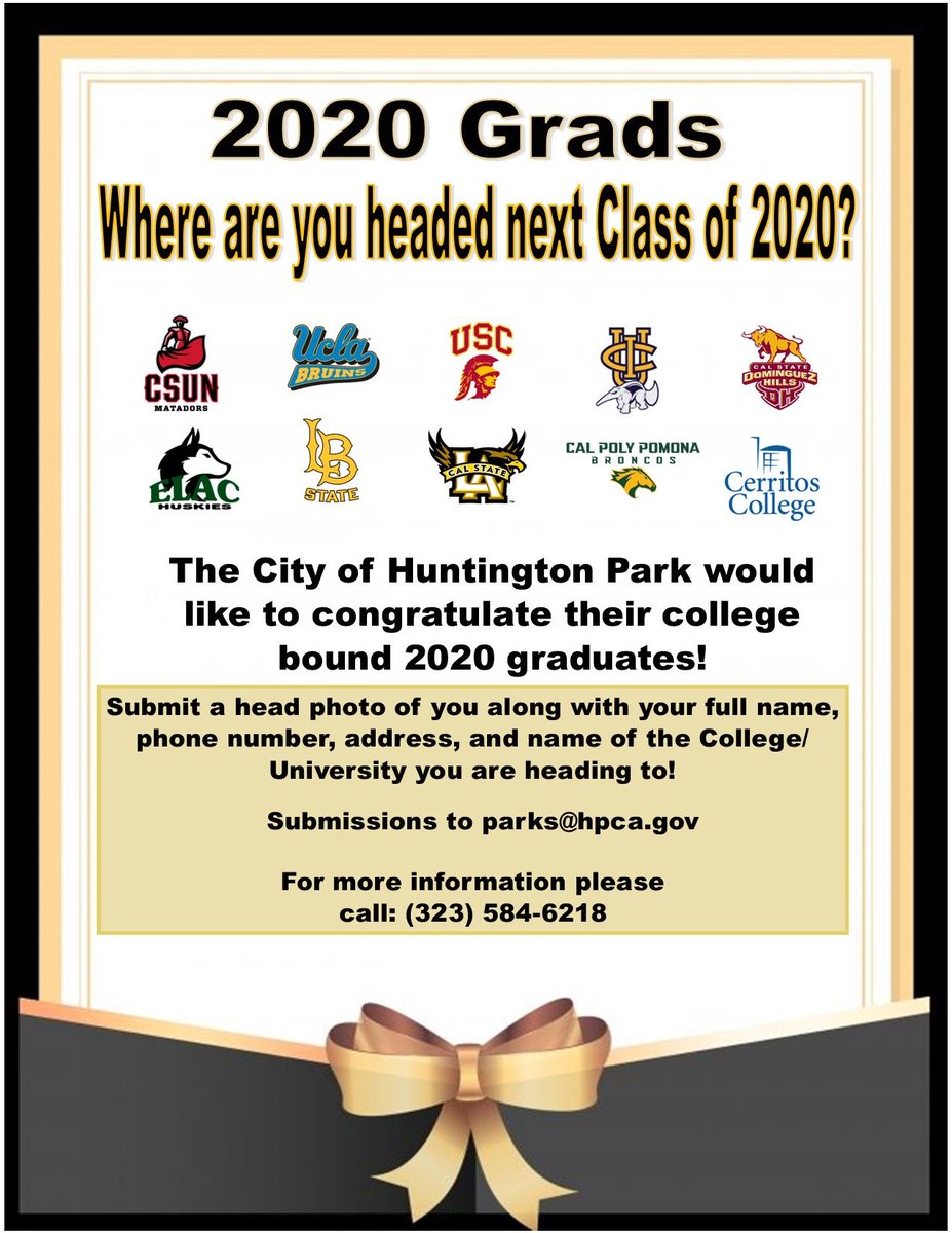 Hey 2020 Grads what College are you headed to? City Council would like to congratulate thier college bound 2020 graduates. Please email us by August 21, 2020 at parks@hpca.gov (please see the flyer) 👩‍🎓🧑‍🎓