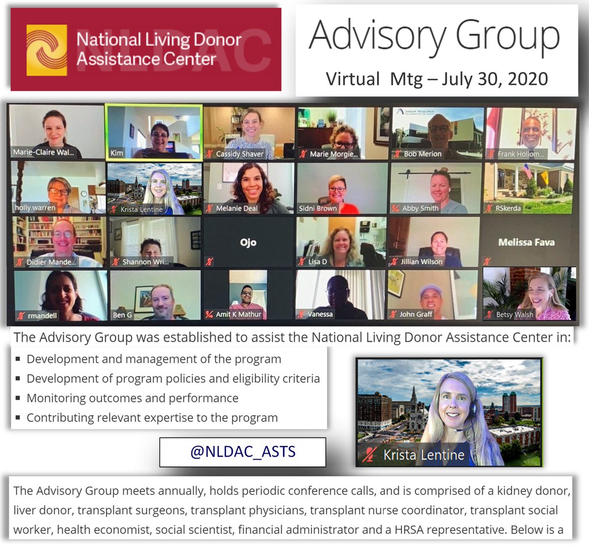 KristaLentine's tweet photo. Honored to represent @ASNKidney on the @NLDAC_ASTS #AdvisoryGroup virtual summer meeting, 7/30/20. Energized & grateful🙏🏼for the dedication & innovations of #NLDAC & @HRSAgov to reduce⬇️financial 💸disincentives to #LivingDonation & support the vision of the #AAKH #ExecutiveOrder https://t.co/nKrSivK6kw