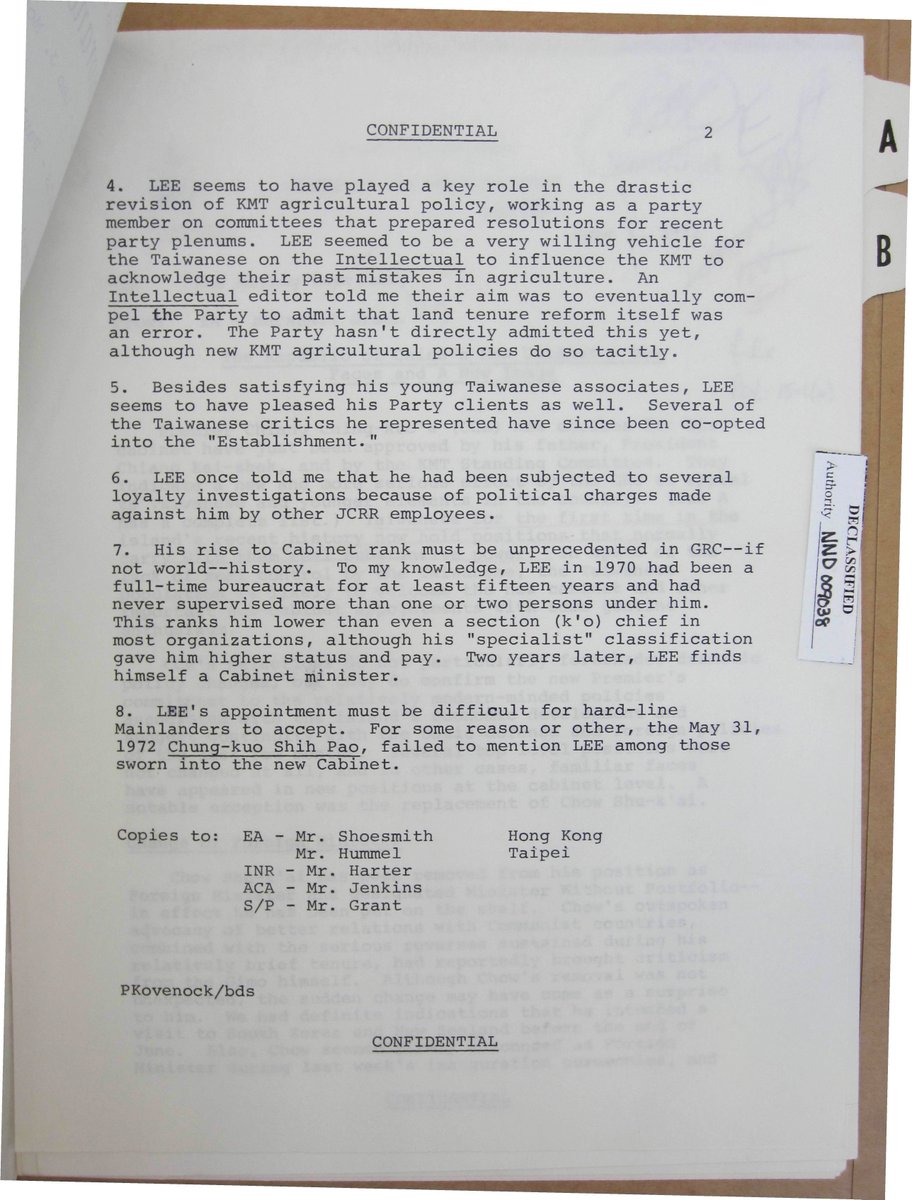 Note the observation that Lee's lack of promotion despite "being a veritable work horse" likely frustrated him, but also made him a symbol outside the KMT of how anti-benshengren policies delayed for decades his likely well deserved promotion to Division Chief. 11/n