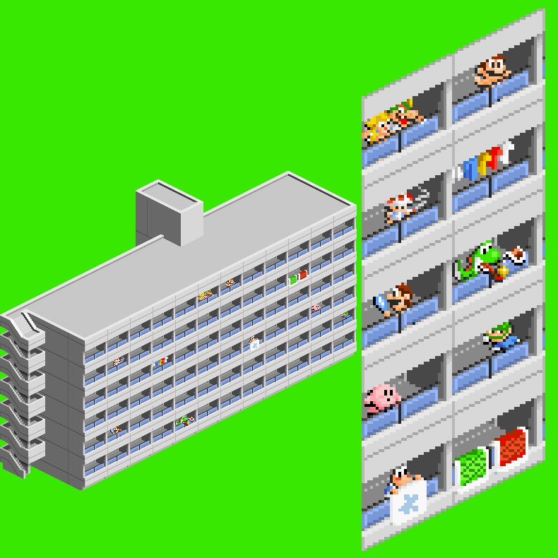 Via #Nintendoleaks, a building of unknown origin which appears to include Mario, Yoshi, Kirby and a… Toad smoking?
