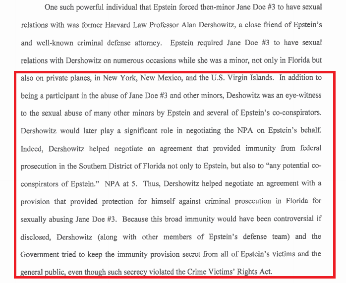 Allegations against Dershowitz - Not only did Dershowitz abuse the minor, but he helped draft a non-prosecution agreement that gave Dershowitz immunity.