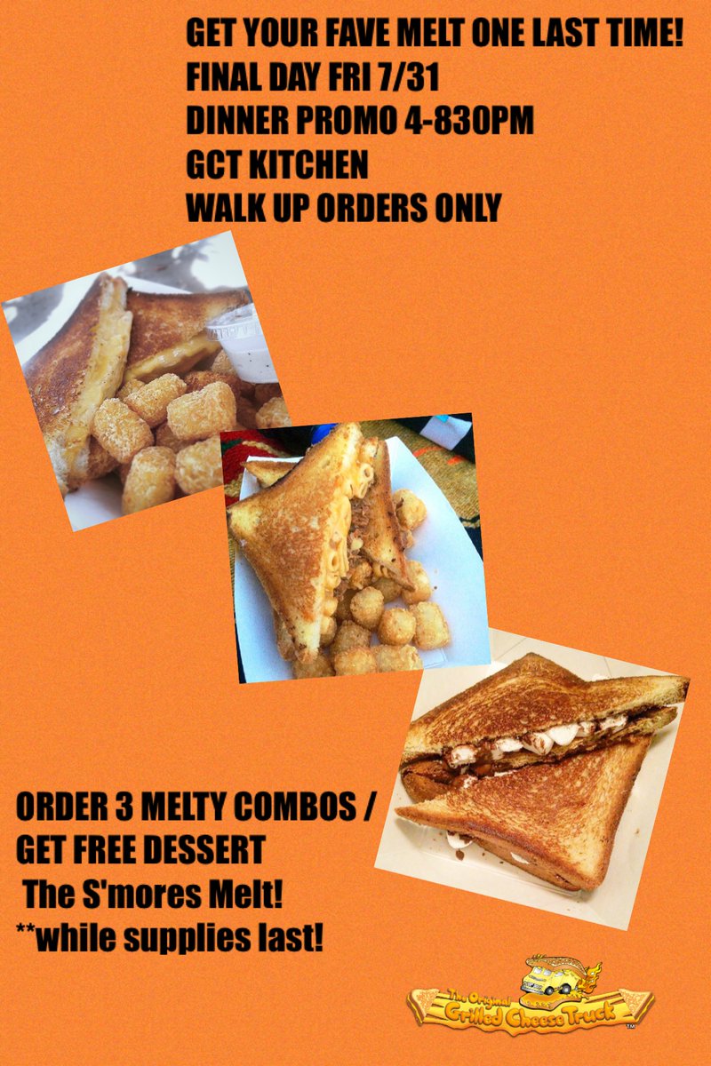 GET DINNER AND DESSERT TONIGHT GCT KITCHEN OPEN TIL 830PM! ORDER 3 MELTY COMBOS and GET a FREE S’mores Melt! 
7029 Canby Ave RESEDA
.
.
last day before we close is 7/31 help support our crew <a href="/gofundme/">GoFundMe</a> campaign! 
gofundme.com/f/help-the-gri…