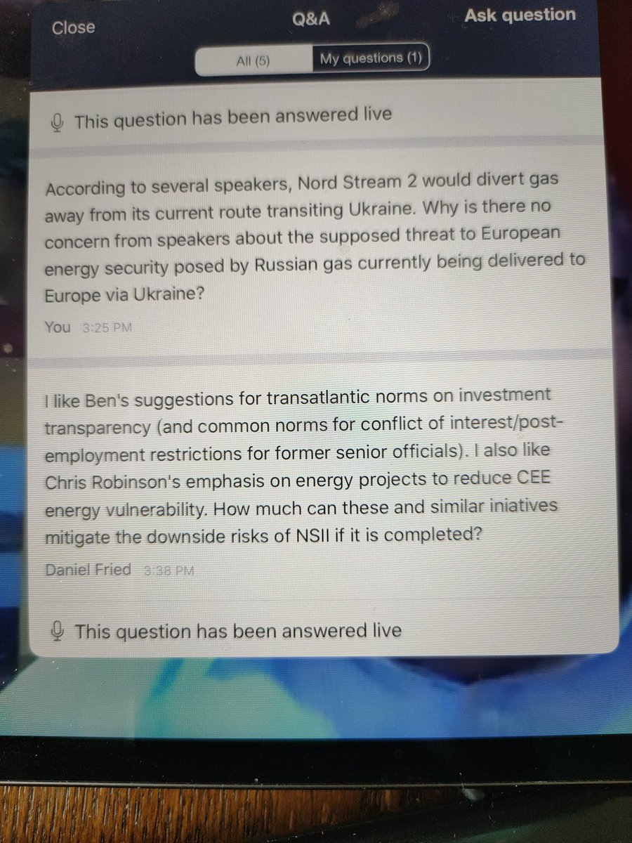 I didn't expect my rude Zoom question (see attached, the first one) to be acknowledged but it does get at the key point. Diverting some Russian gas from one route to another does not affect the level of EU dependence on Russian gas, nor EU energy security. 3/x