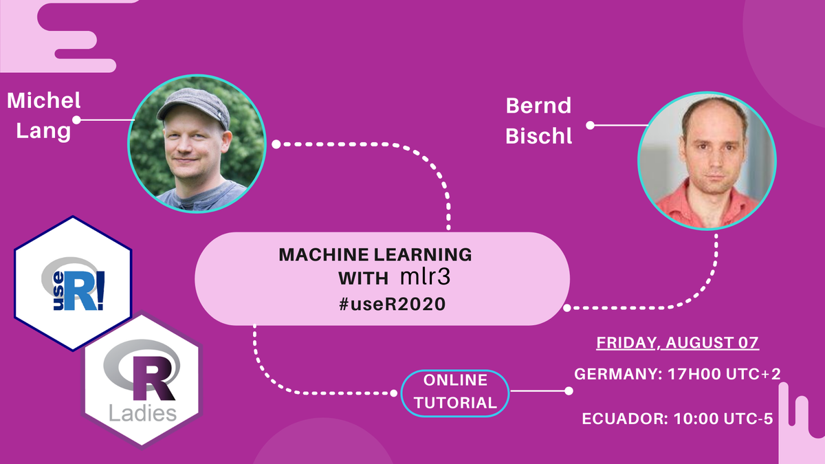 RLadiesGye's tweet photo. Las #rladies de #Ecuador estaremos hosteando el tutorial de #useR2020 sobre "Machine Learning con mlr3" por Bernd Bischl y Michel Lang. El evento será el viernes 7 de agosto a las 10:00 hora Ecuador continental.
Inscríbete gratis: https://t.co/G9boGtAARF #rstatsES https://t.co/UkiQpgrytY