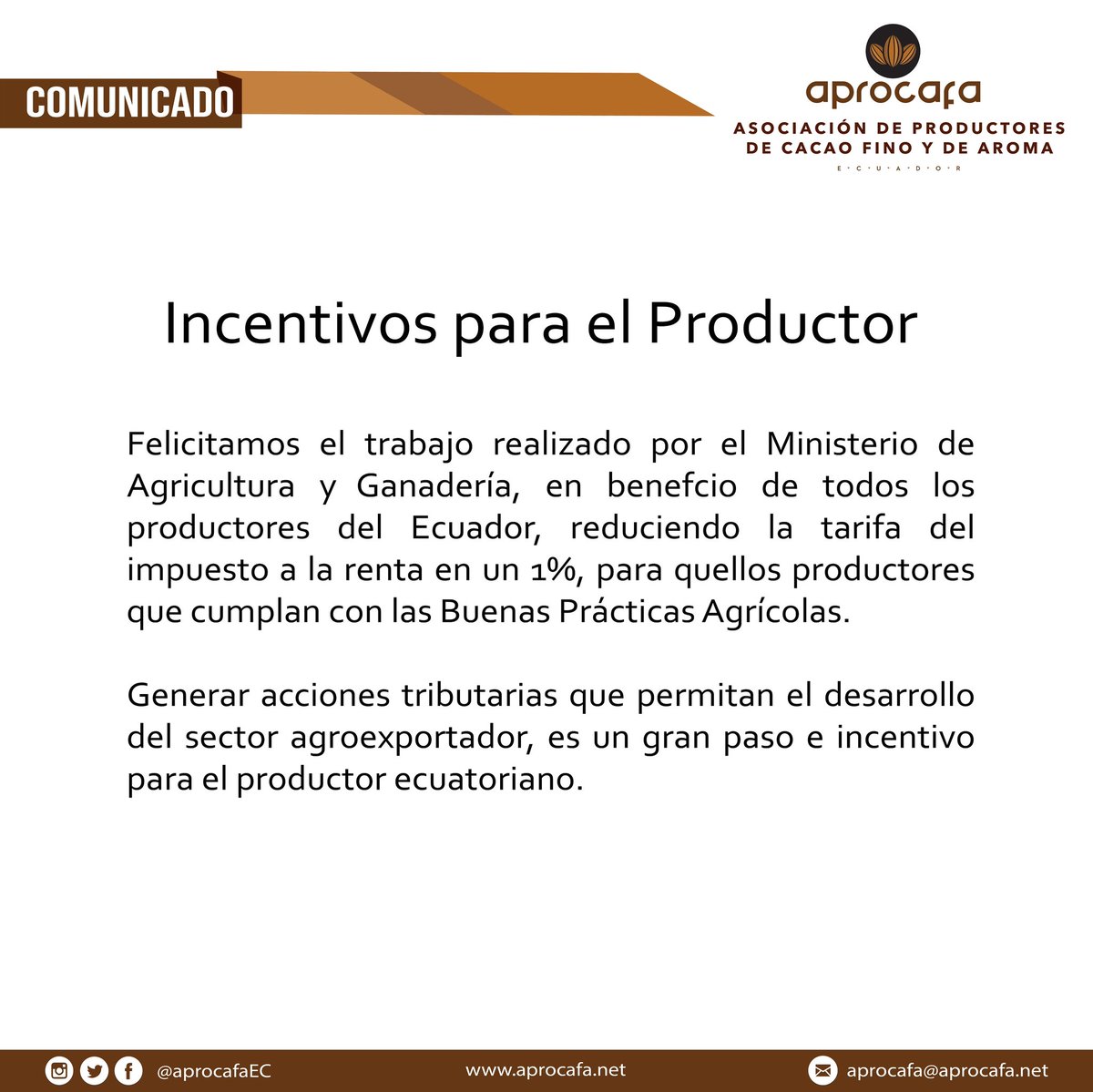aprocafaEC's tweet photo. Felicitanos el trabajo realizado por el Ministerio de Agricultura y Ganadería en beneficio del productor ecuatoriano.
#aprocafa
#agricultuta
#productor
#incentivo
#beneficio https://t.co/CMMrxmodvB