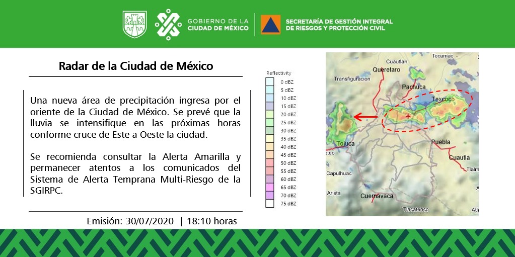 SGIRPC_CDMX's tweet photo. Ingresa una nueva área de lluvias por el oriente de la Ciudad de México. Se prevé que las precipitaciones se intensifiquen durante las próximas horas. Mantente informado. #OperativoLluvias2020 @C5_CDMX @SacmexCDMX https://t.co/l9UlunUksi