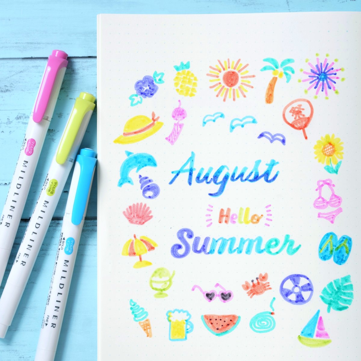 ゼブラ 在 Twitter 上 明日から8月 マイルドライナー を使って8月の手帳やノートが楽しくなる夏イラストをご紹介 特に マイルドライナーの 親しみマイルド色 と 晴れやかマイルド色 には夏にピッタリの色があるので手帳などを夏っぽく彩るのに