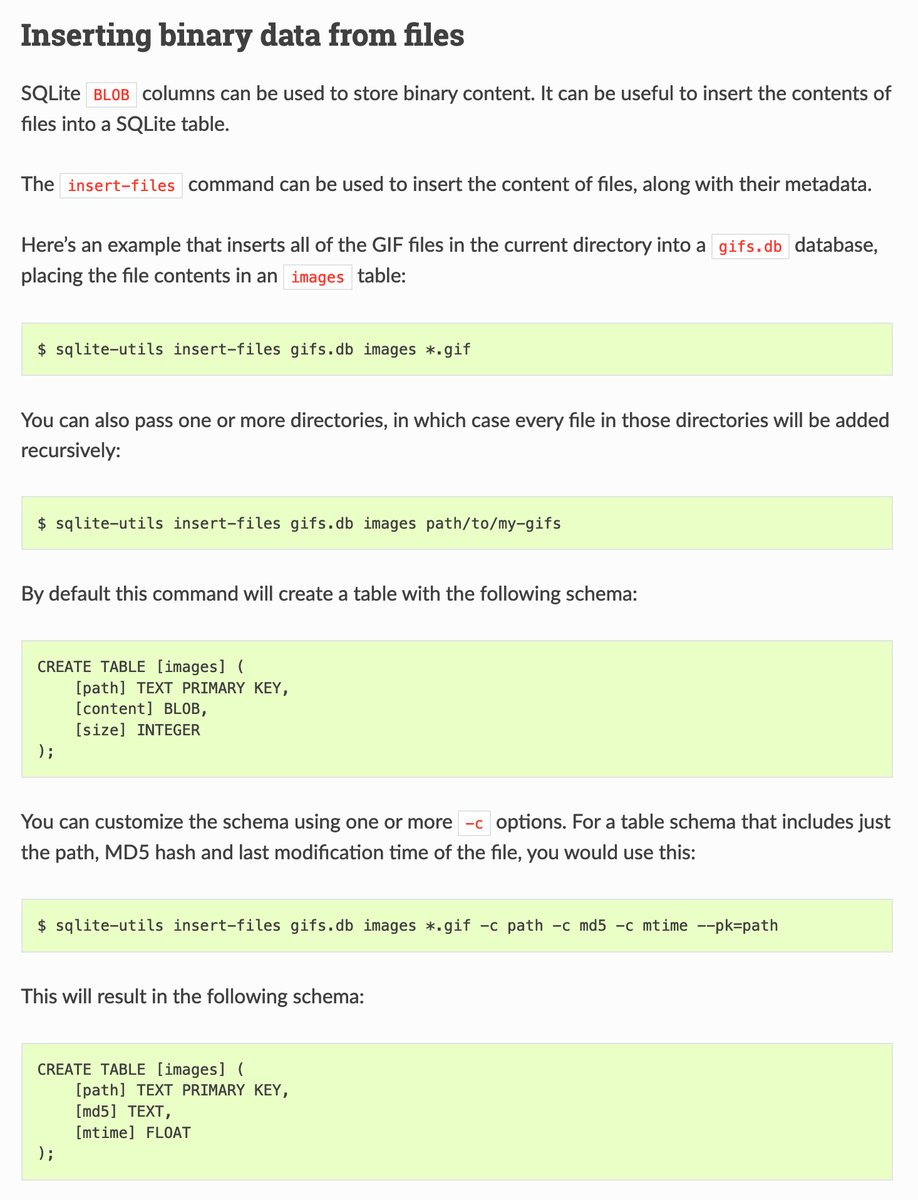 Simon Willison on Twitter: "The new "sqlite-utils insert-files" command can  be used to create tables from files on disk, storing binary data in a BLOB  along with associated file metadata https://t.co/QY93xqdJlA  https://t.co/Hhb5niFBMv" /