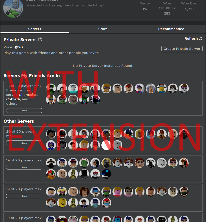 Green On Twitter Roblox Vip Enhancer Feature Showcase The Extension Includes A Fix For Roblox S Bug Where Game Servers Will Show Multiple Instances When Multiple Friends Are In It Roblox - 18 roblox servers